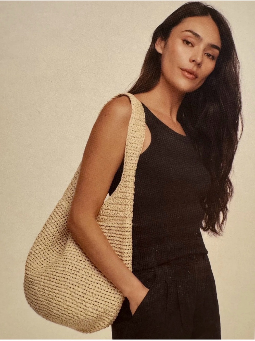 BANANA REPUBLIC RAFFIA TOTE BAG Boho Crochet Shoulder Bag — Cream Straw Tote - Picture 2 of 14